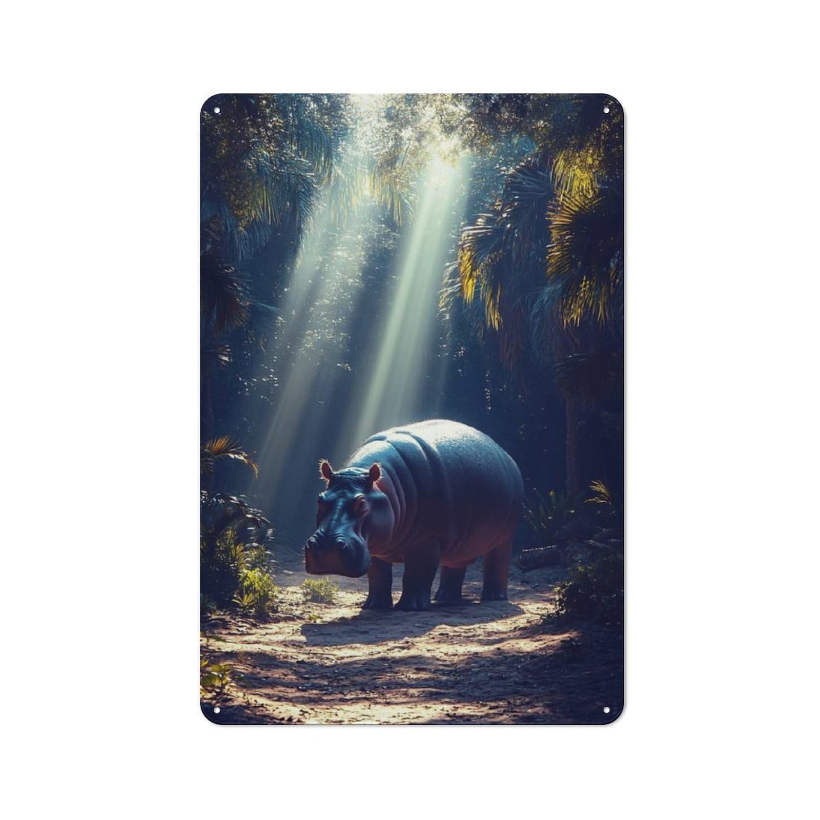 Tin Sign 30x20cm with Hippo in Jungle Sunlight for Hallway Wall, Rustic Decor, Suited to Hallway Decor Lovers