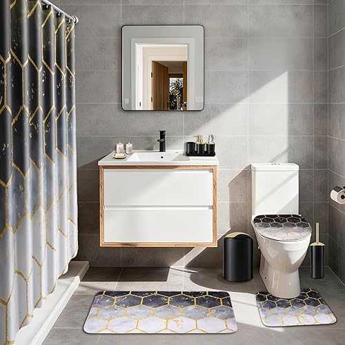 Miniatura 7 de Juego de baño negro con cortina de ducha y alfombras, 25 piezas, juego de accesorios de baño, basura, dispensador de jabón, jabonera, cepillo de