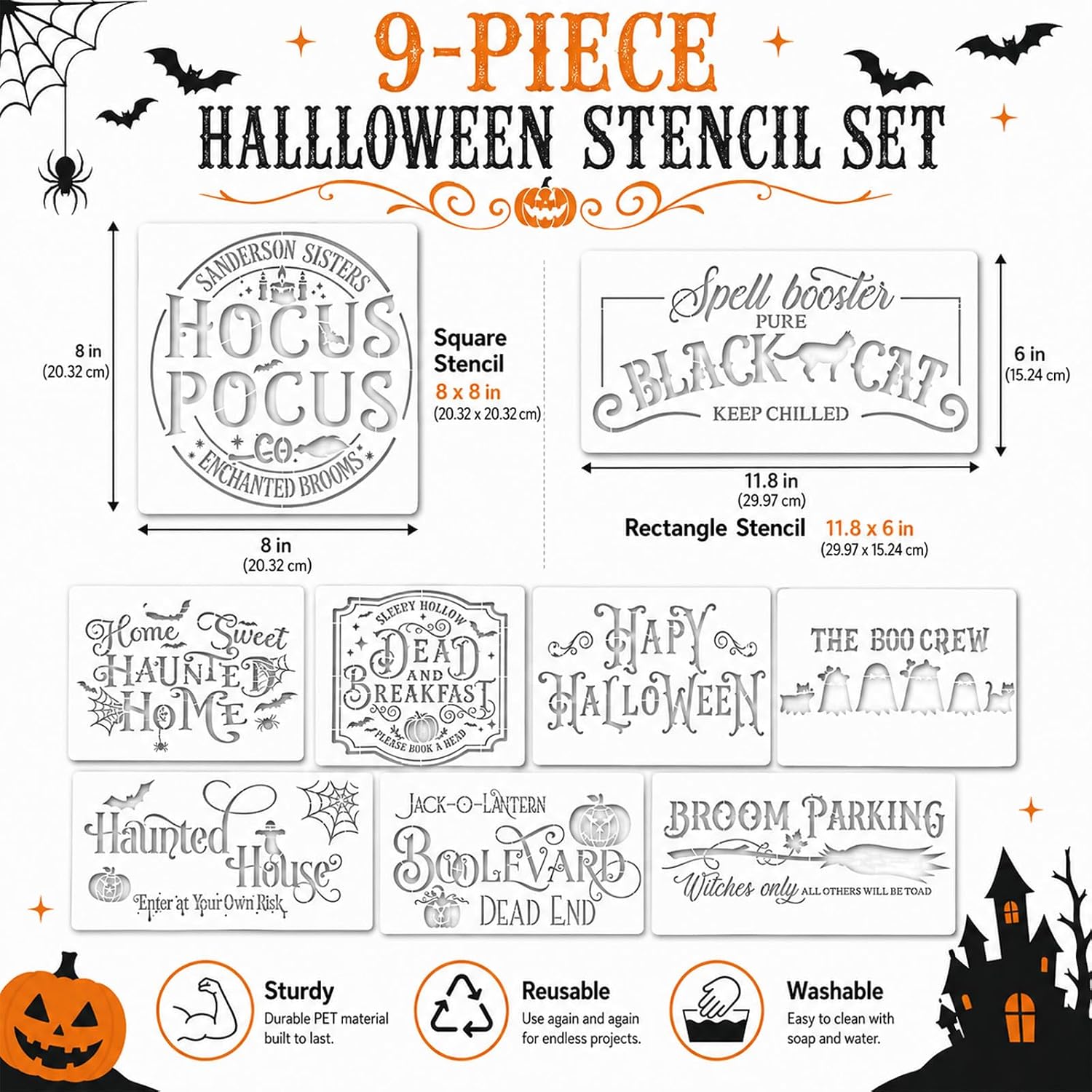 9Pcs Halloween Stencils for Painting on Wood Reusable Hocus Style Pocus Boo