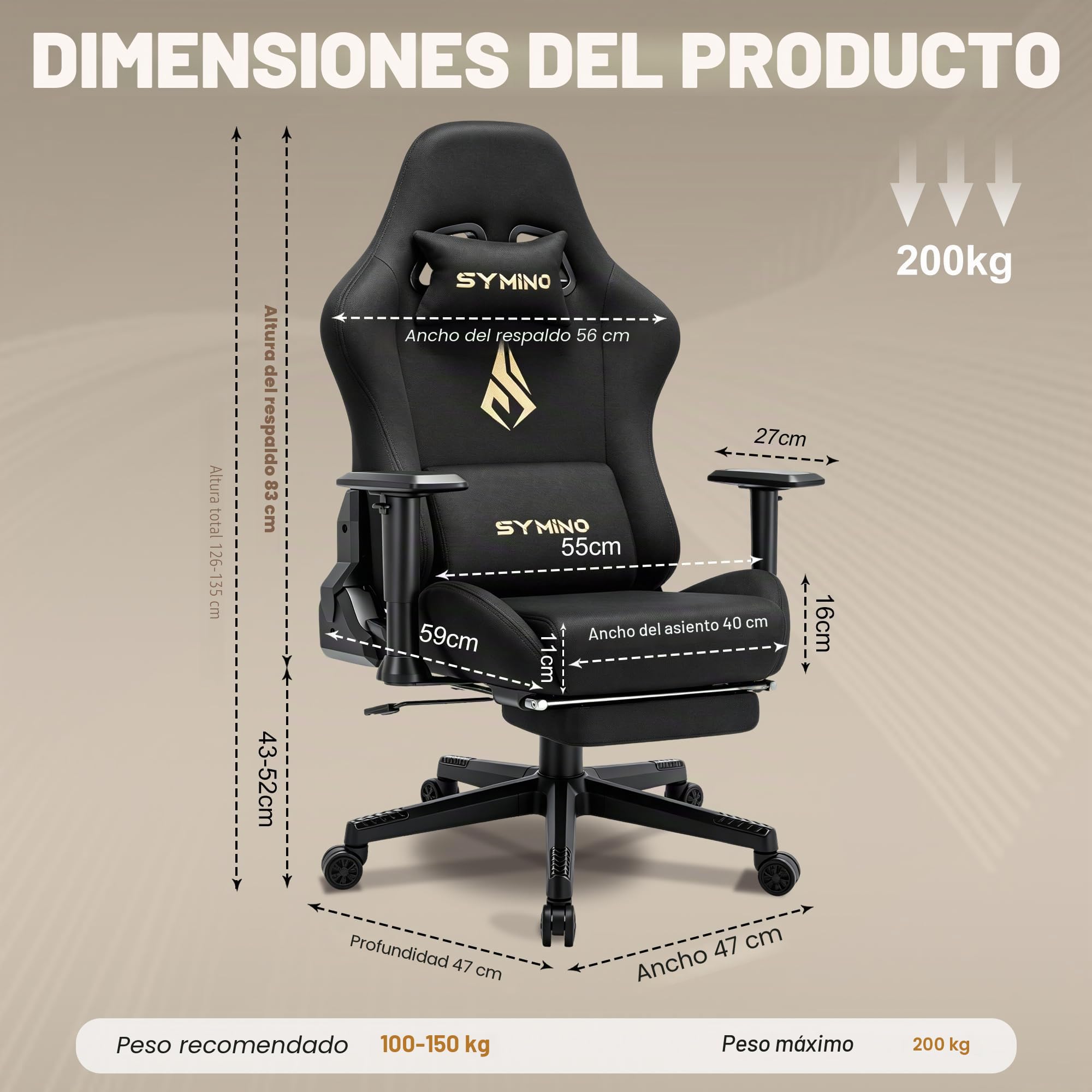 Symino Silla Gaming Ergonómica con Reposapiés, 150° Reclinable: Soporte Lumbar y Reposacabezas Regulable, Ajustable en Altura, Soporta hasta 200kg (Black)