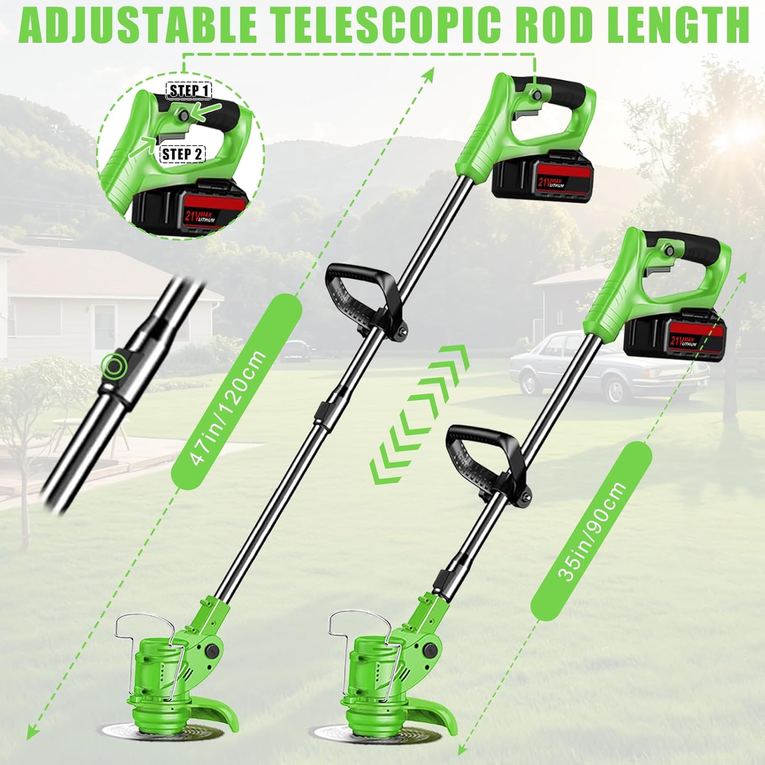 Electric Weed Wacker 21V Cordless with Adjustable Pole, 4 in 1 Lightweight Weed Wacker Eater Brush Cutter with Battery and Charger, Grass Trimmer for Gardening and Yard Clearing Green