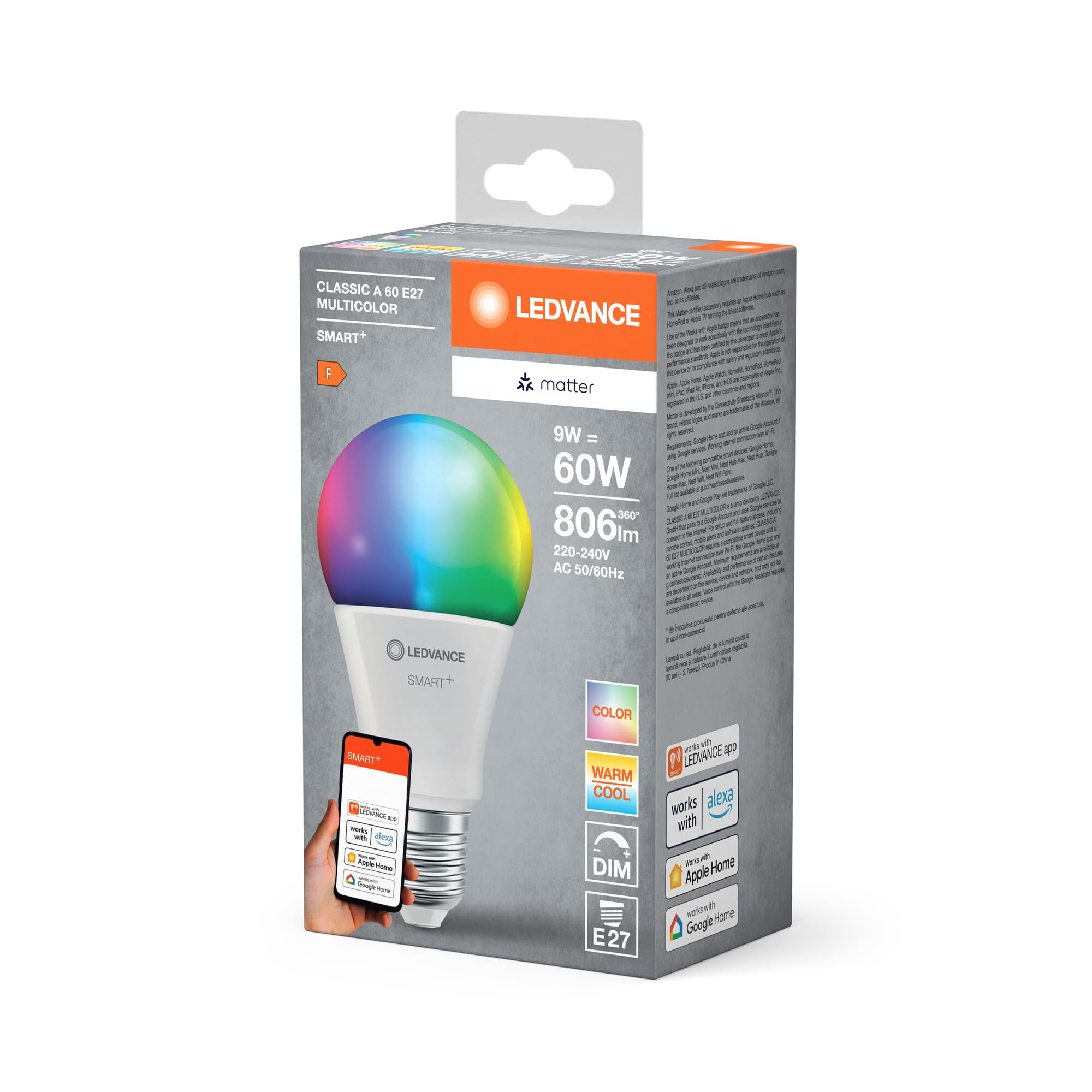 LEDVANCE Lampa LED SMART+ MATTER, kompatybilna z Google, Alexa, Apple, biała matowa, 9 W, 806 lm, trzonek E27, światło kolorowe i białe, sterowanie aplikacją lub głosem, 20 000 godzin,pakiet 4