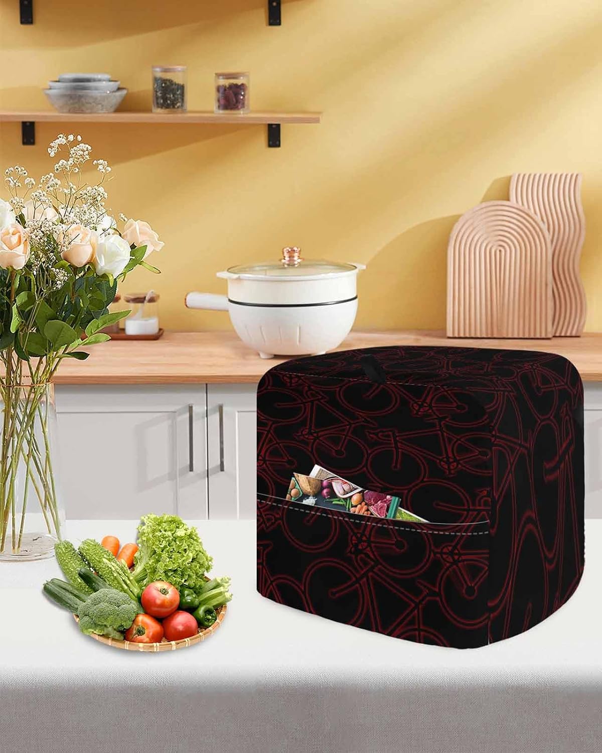 Red Black Bicycles Stand Mixer Cover with Storage Pocket, Waterproof Kitchen Mixer Covers, Hand-drawn Vehicle Modern Art Kitchen Appliance Dust Cover Compatible with 5-8 Quart Mixers