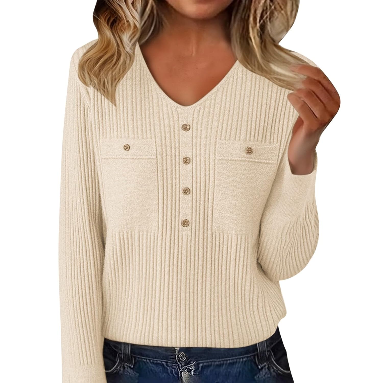 Knitted Sweater Women Dressy Casual V Neck Pullover Tops Long Sleeve Fall Winter Fashion Warm Ribbed Work Sweaters