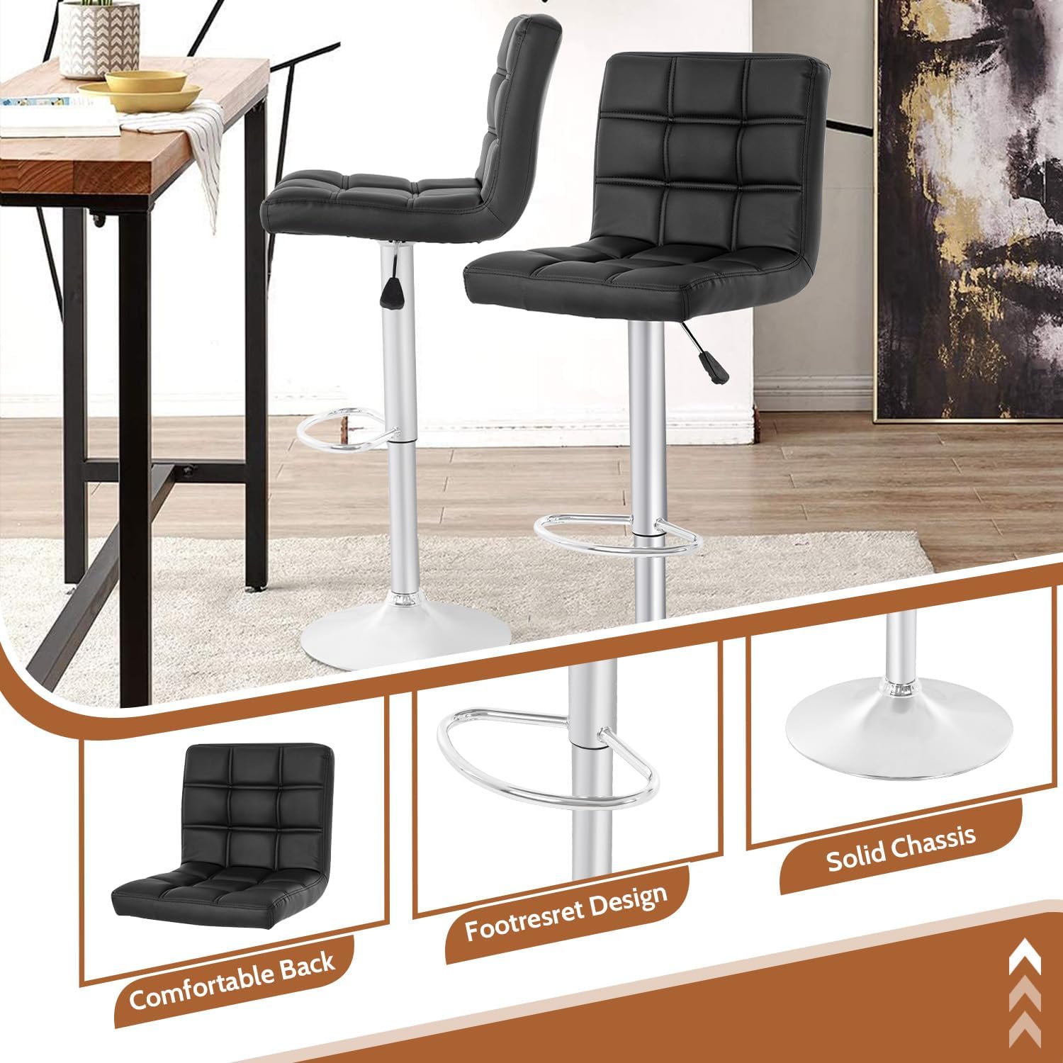 Detailed view of bar stool components: comfortable backrest, footrest design, and solid chassis.