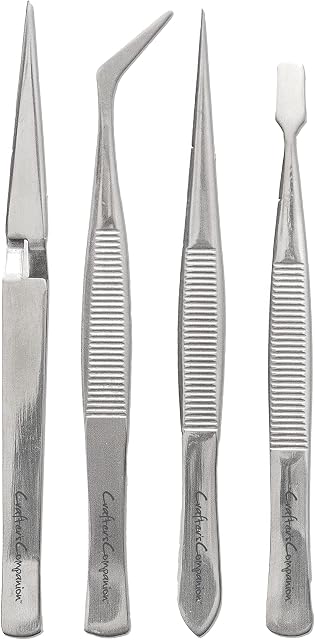 Crafter's Companion Precision Set for Crafting Projects-Includes 4 Tweezers [Flat End, Straight Point, Angle Point & Needlepoint] -Anti-Magnetic, Smooth Thin Tips & Grip Handles, White, One Size
