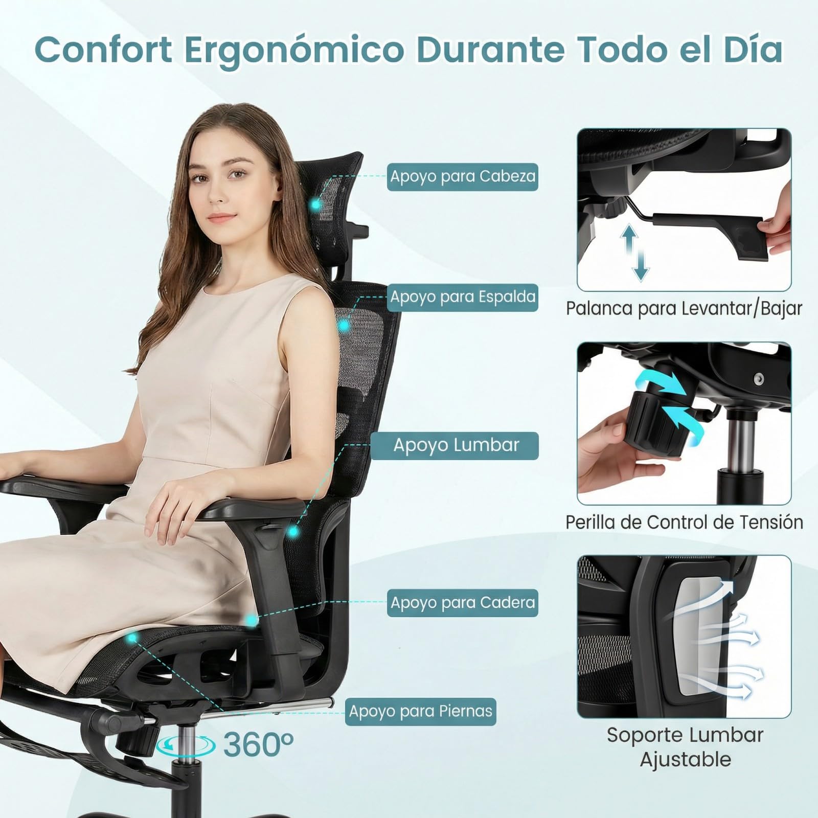 COSTWAY Silla Ergonomica Escritorio con Reposapiés, Silla de Oficina, Reposabrazos 3D, Soporte Lumbar Dinámico, Reposacabezas Ajustable, Cadeira Escritorio de Malla, Altura Ajustable