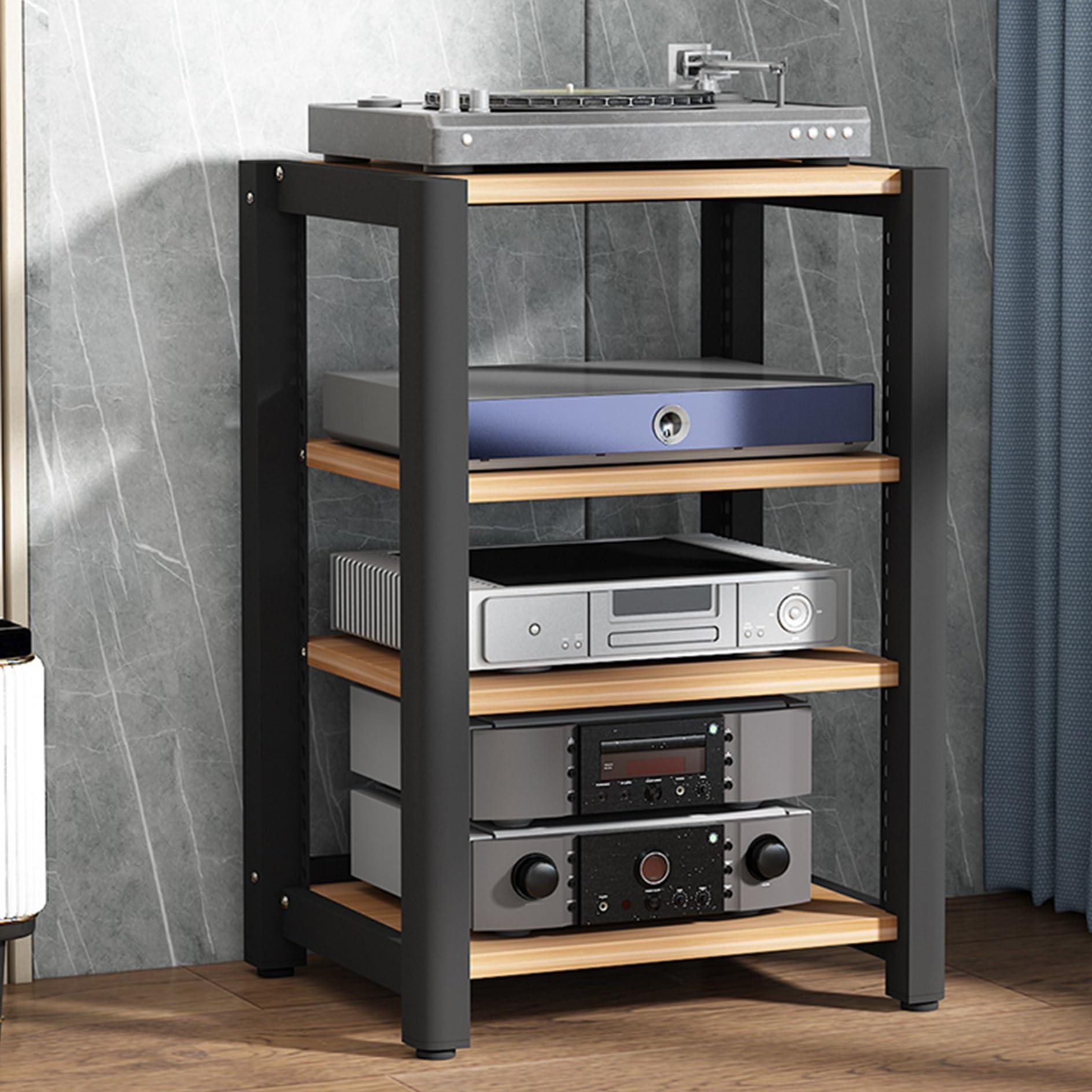 Audio Rack Hifi Regal, 4-stufiges Stereo-Rack,TV Hifi Rack Audio Schrank,Plattenspieler Tisch,Medienschrank,Schallplatten Phonoschrank Blu Ray Regal,für Audio Equipment dac Amplifier(Light Walnut