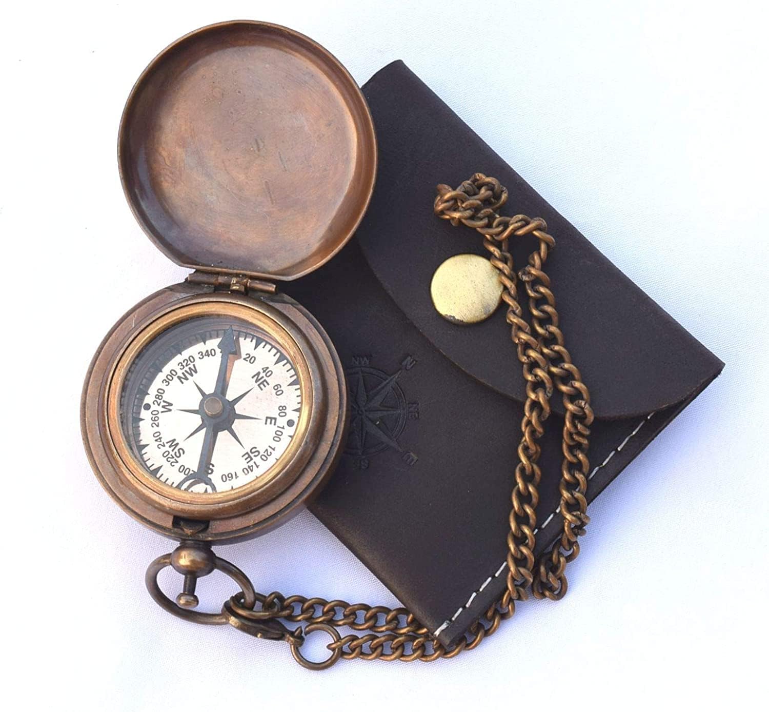 2" Handmade Brass Push Button Compass with Black Leather Case, Direction Finder Navigational Collectible Pocket Compass Unique Gift for Camping and Hiking Travelling-picture-18