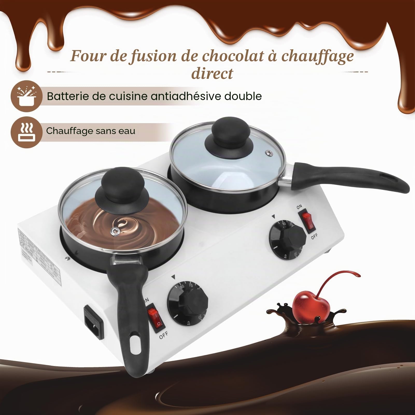 Fondoir à Chocolat Électrique 2 Réservoirs, 80W, Machine à Fondre le Chocolat avec Commande Manuelle