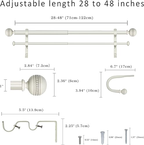 Miniatura 8 de Barra de cortina doble de 1 pulgada con remates de sable y sujetadores, blanco envejecido, 48-84 pulgadas
