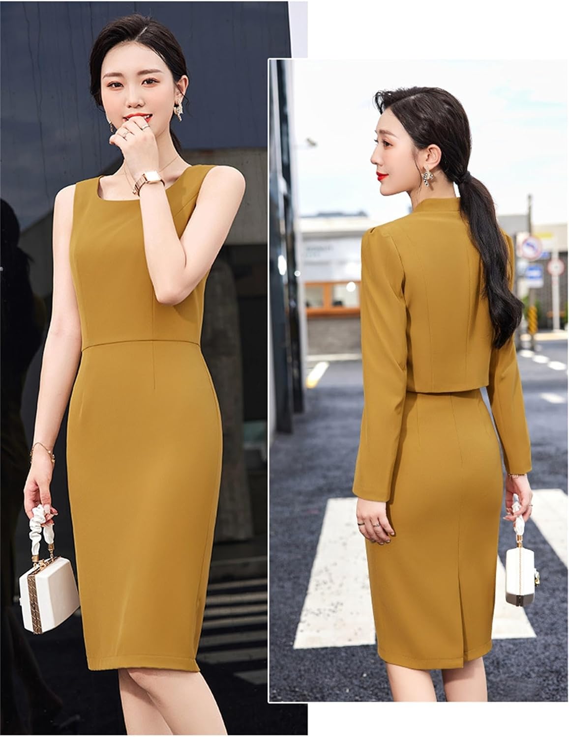 Women's Formal Suit Set Cropped Blazer and Knee Length Bodycon Dress 2 Piece Set