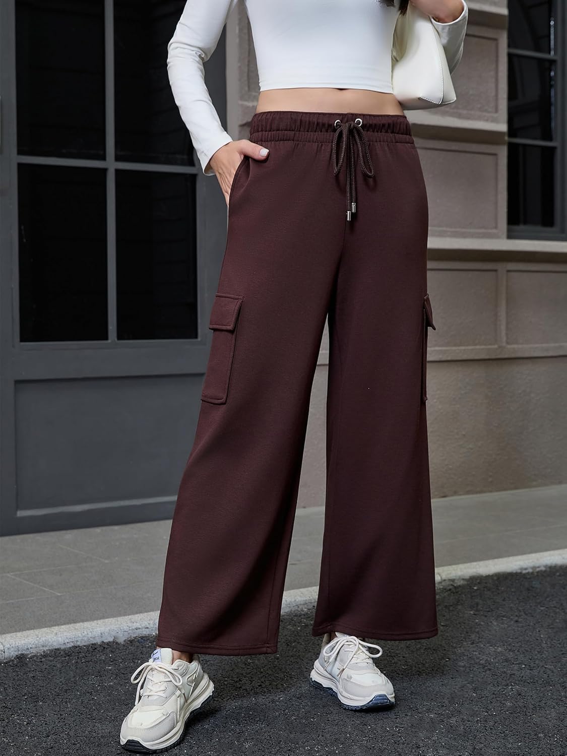Women's Casual Relaxed Cargo Pants Warm Double Knit Drawstring Elastic Waist Trousers - Image 2