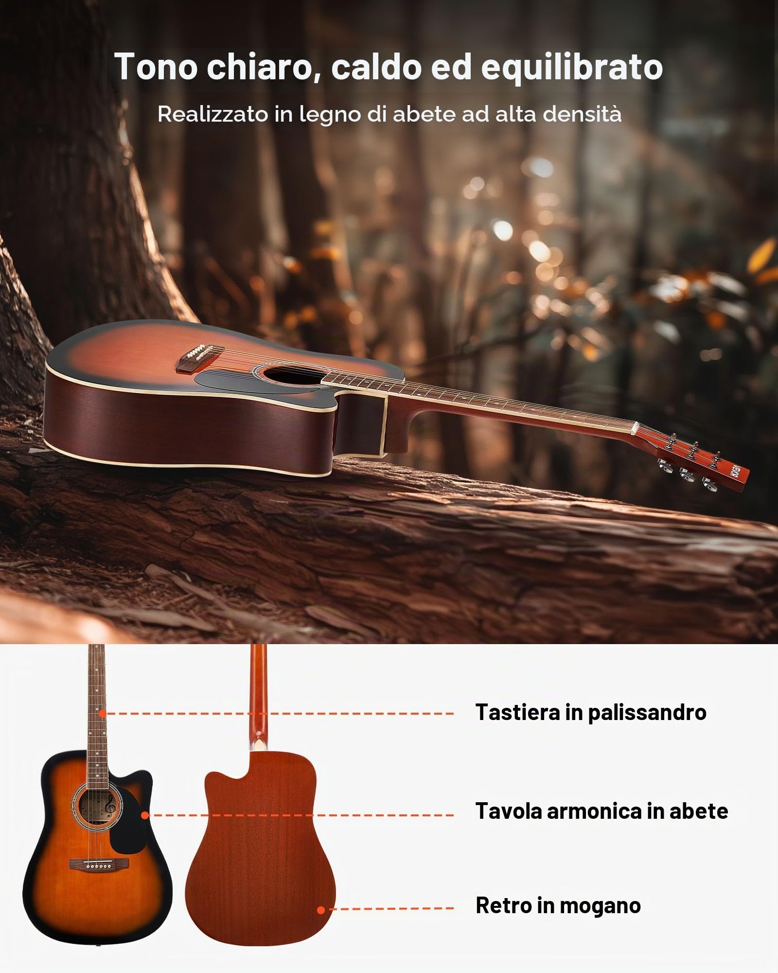 VEVOR Chitarra Acustica Cutaway 1041,4 mm Chitarra Acustica a 6 Corde con Tavola Armonica in Abete Massello, Custodia Morbida, Accordatore, Tracolla, Corde in Acciaio, Tastiera in Palissandro