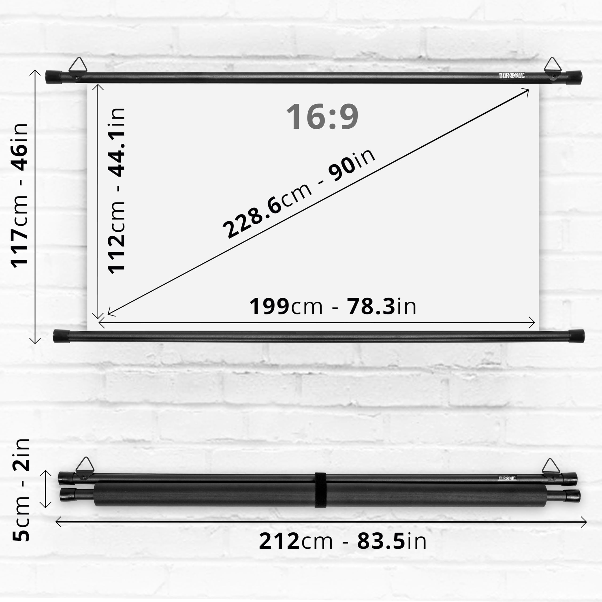 Duronic BPS90 16/9 Pantalla de Proyector 90", 199 x 112 cm, Formato 16/9 | Instalación con Ganchos, Pantalla Tensionada Antiarrugas, Calidad Full HD y 3D, Montaje en Pared, Fácil Almacenamiento