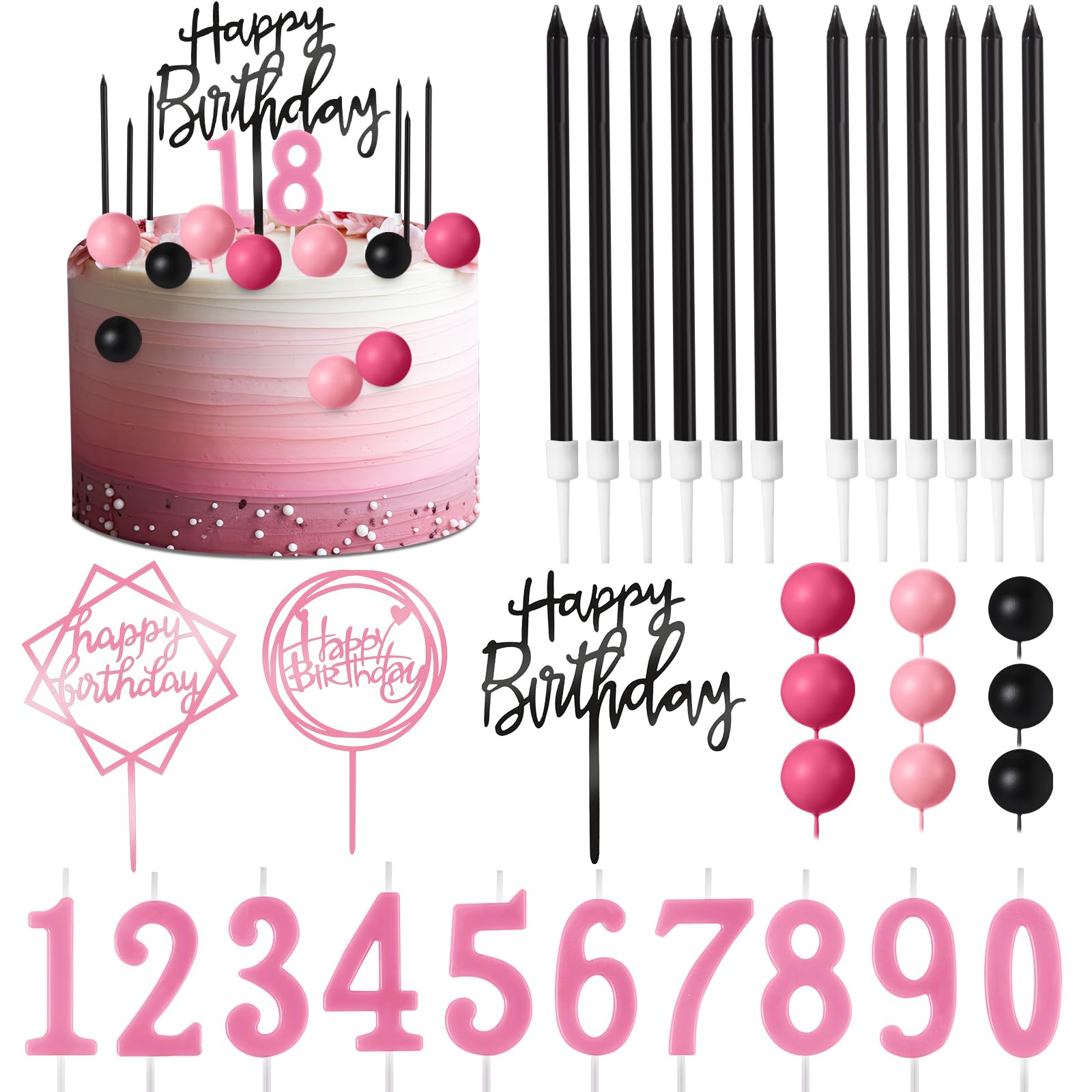 Happy Birthday Cake Toppers - 34 Pcs Candles & Picks -24 Happy Birthday Cake Toppers - 34 Pcs Candles & Picks -24