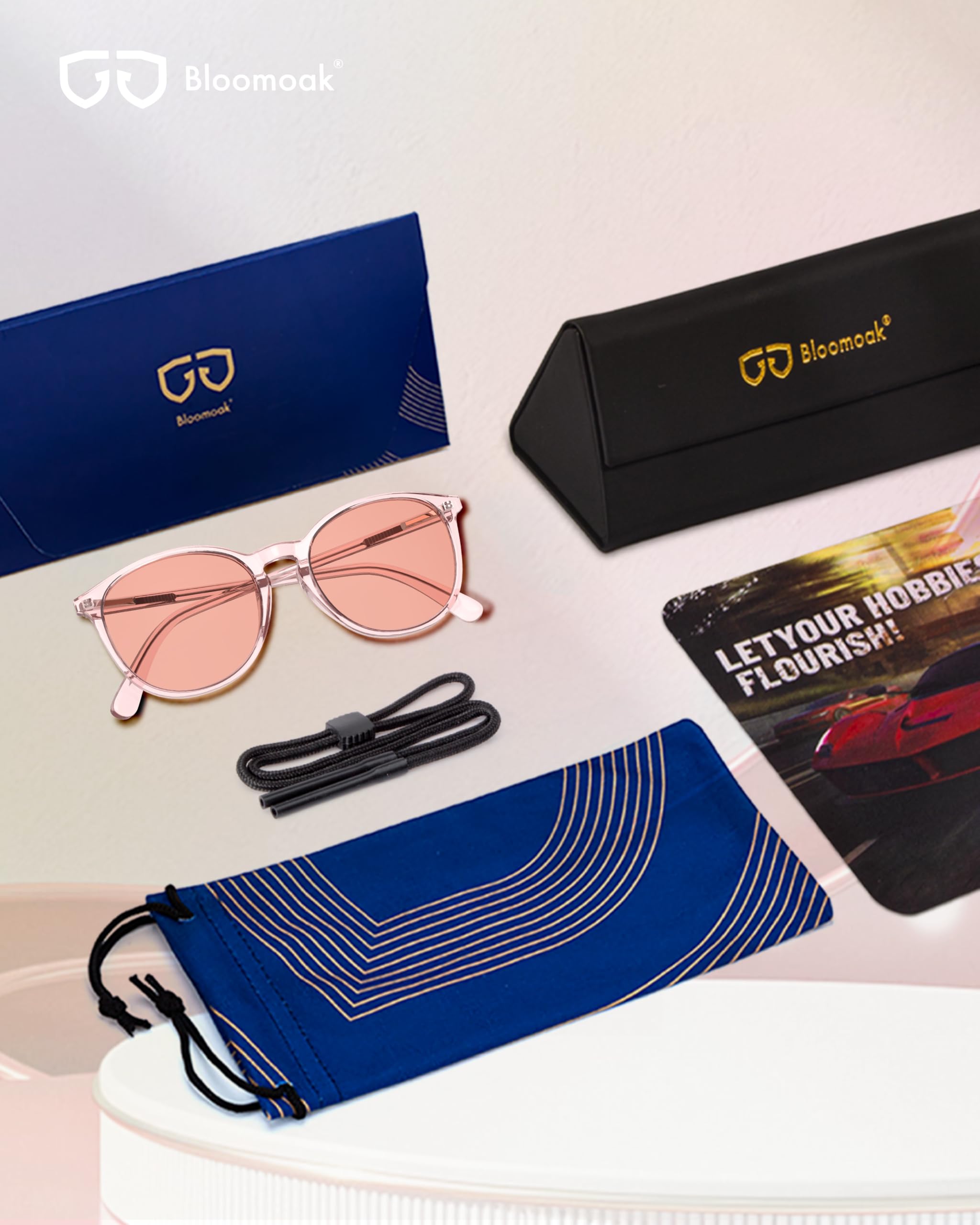 Bloomoak Lunettes anti-migraine teintées rose rétro rond anti-lumière bleue FL-Flex photophobie fatigue oculaire