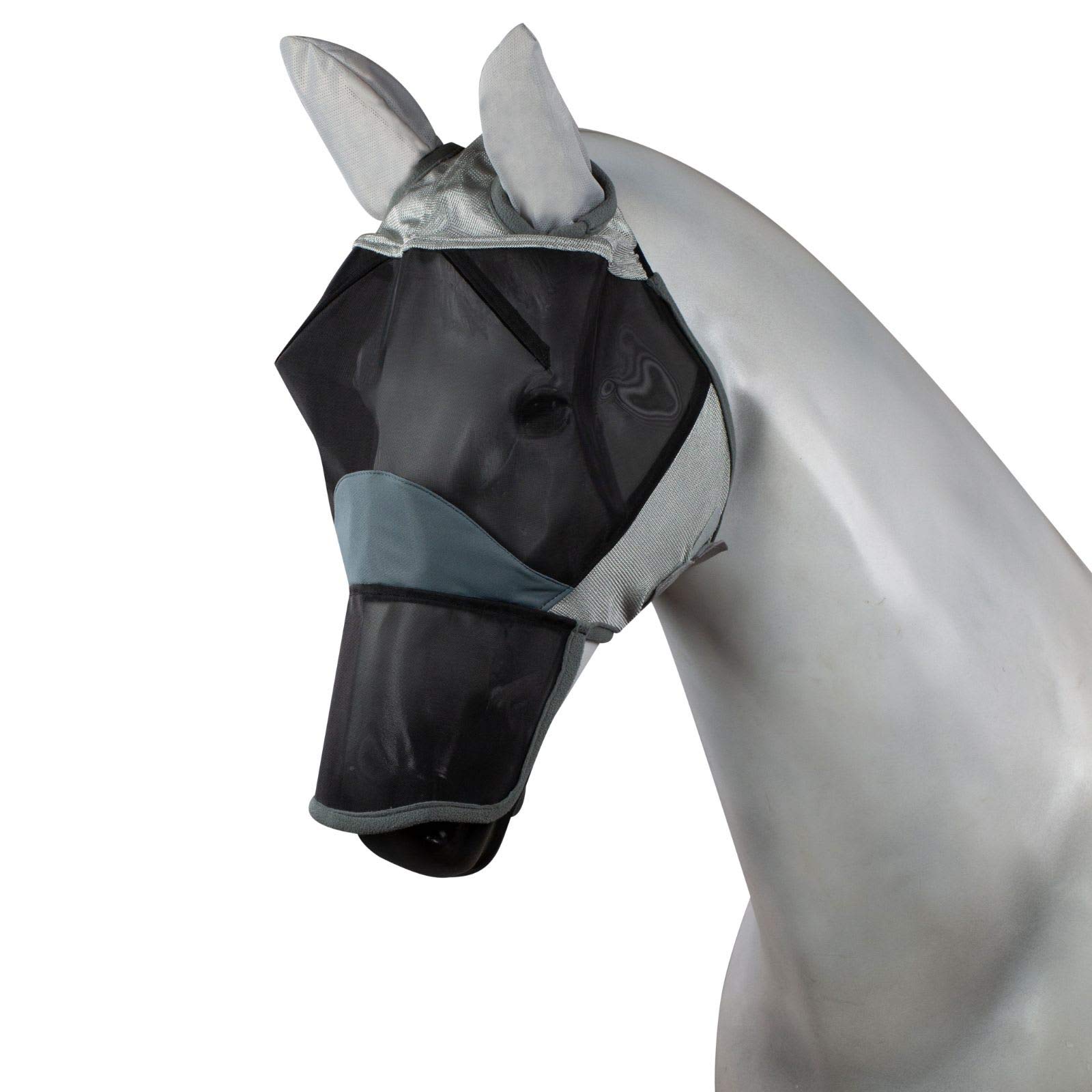 Horze Pferde Fliegenmaske Eira, Fliegenhaube mit Ohren und Nüsternschutz, Grau, XF