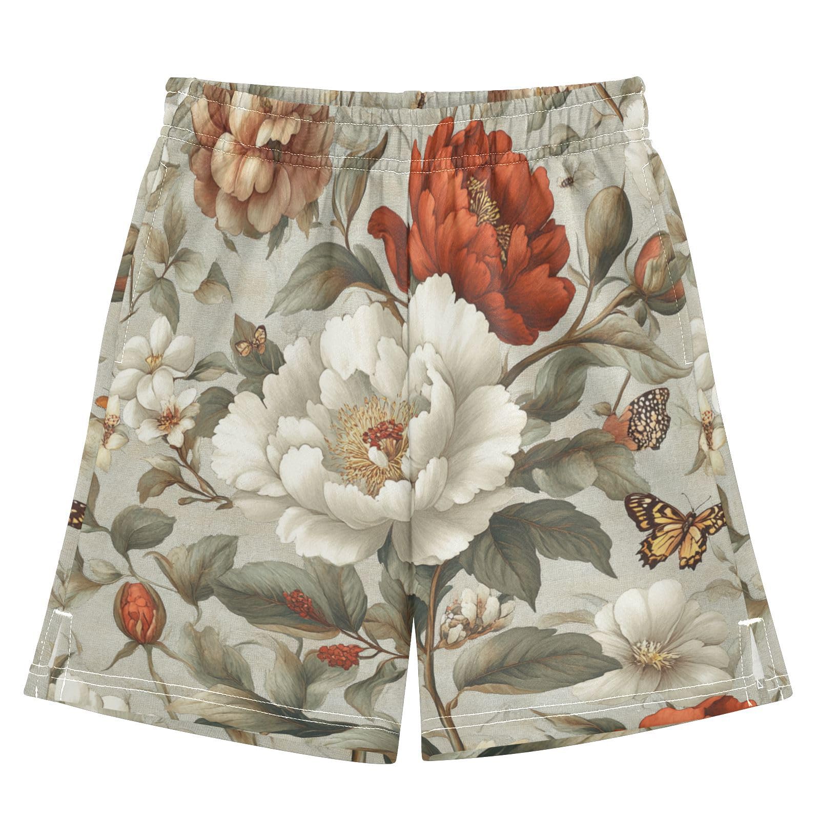 Boys Shorts Athletic with Pockets Running Short Pants M Florals Peonies Gardenia Butterflies Bees