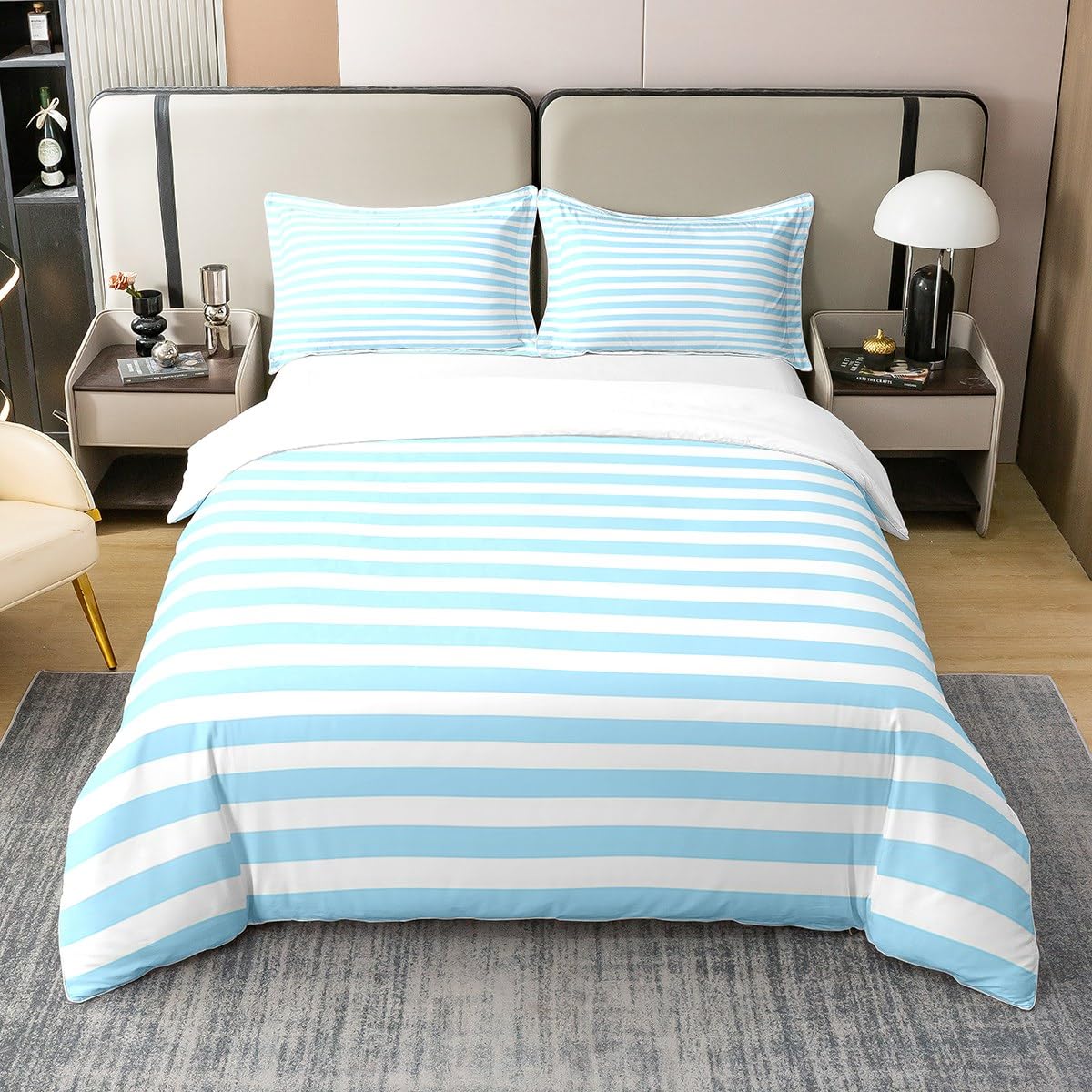 Housse de couette 220x240 rayures bleues parure de lit coton moderne