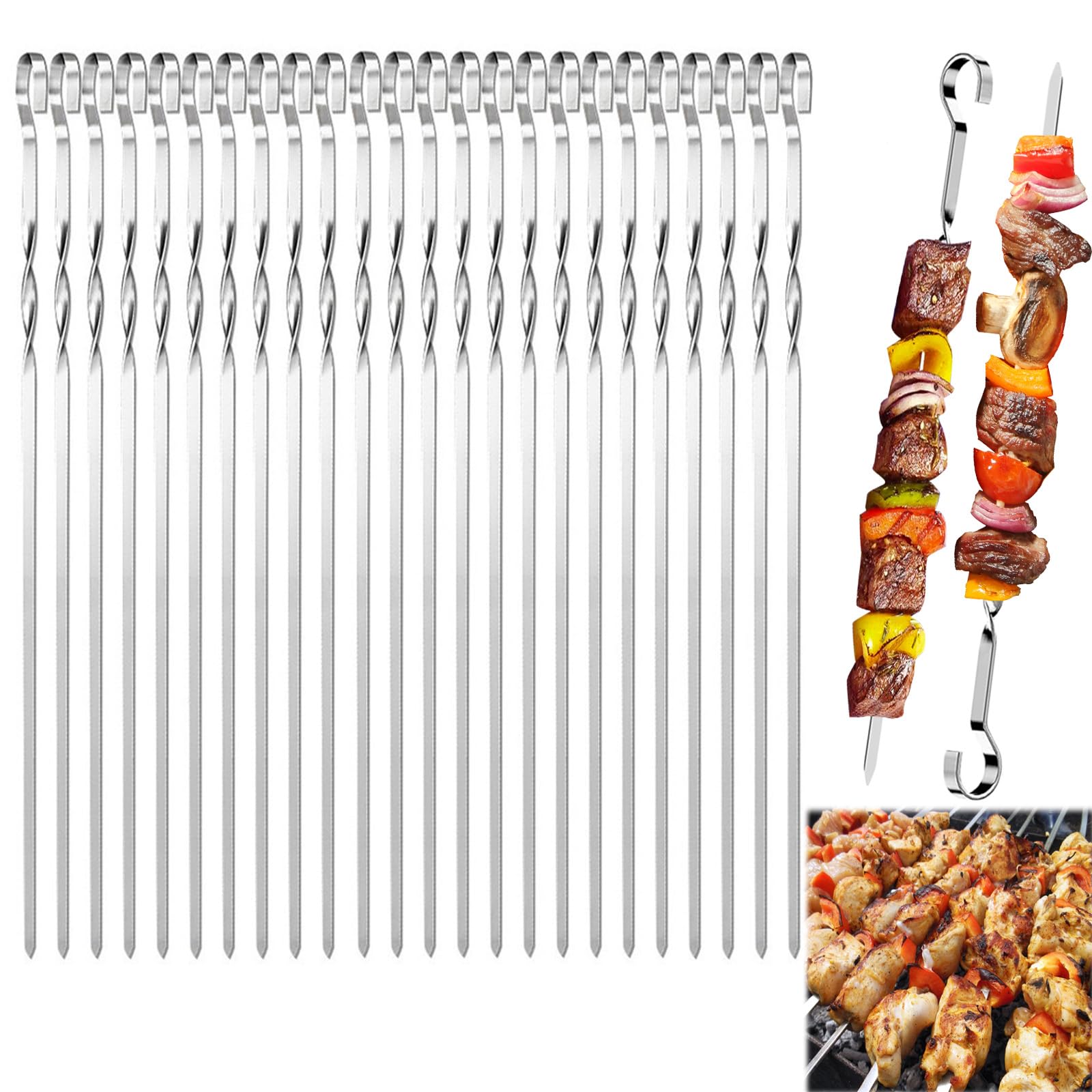 24 Pièces Brochette inox, 30cm Brochettes de grillades, Brochettes RéUtilisables en Acier Inoxydable, Brochettes Pour Griller, Brochette Réutilisables pour Barbecue,Viande,légumes (A-24 Pcs-30 Cm)