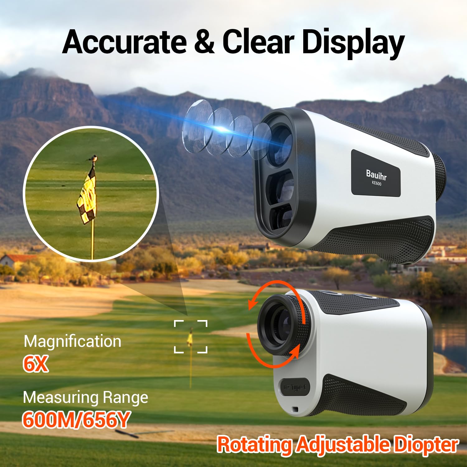 Bauihr Telemetro Golf da 656 iarde, con compensazione dell'obliquità, ingrandimento 6X, blocco della bandierina e vibrazione, misurazione della distanza, precisione professionale per i golfisti