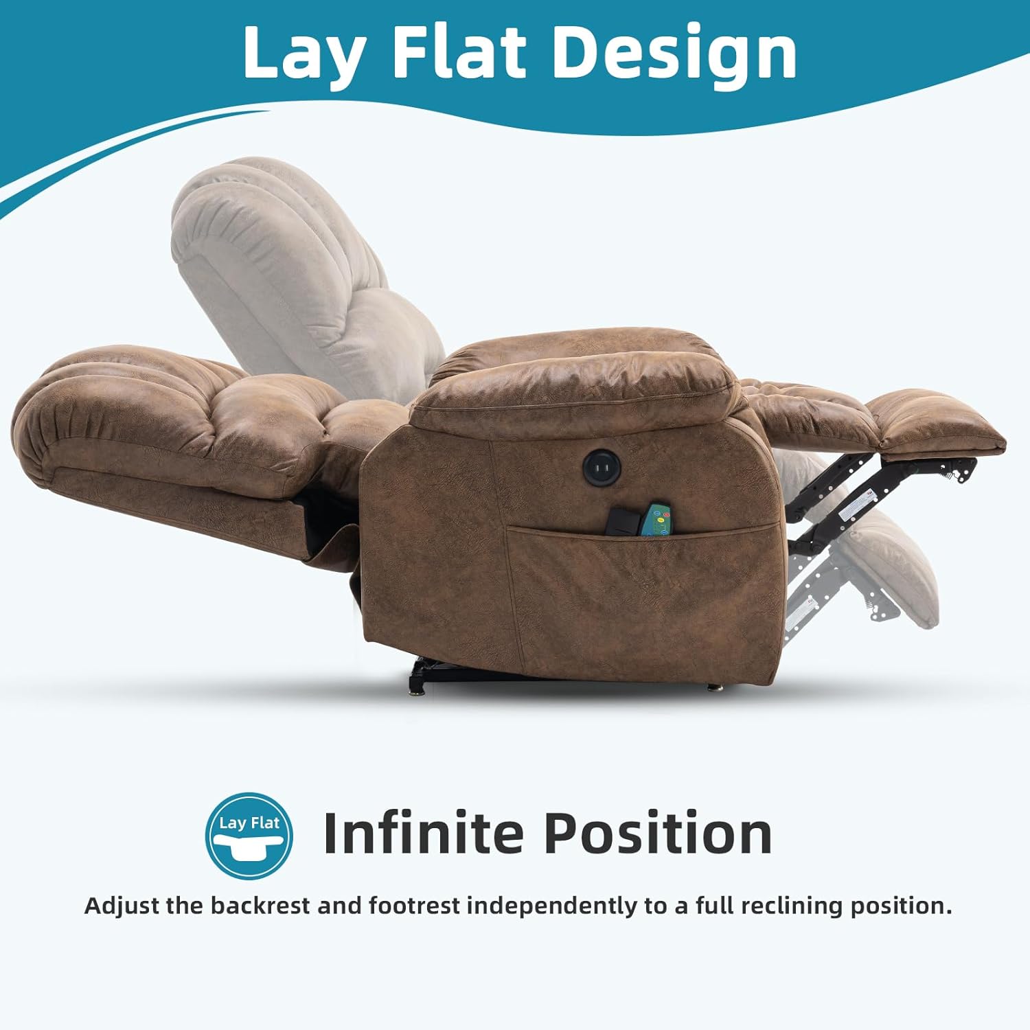 Large Dual Motor Power Lift Recliner Chair Lay Flat Sleeper Chair with Heat and Massage, 2 Remote Controls, 2 USB Ports & 2 Side Pockets (Brown)