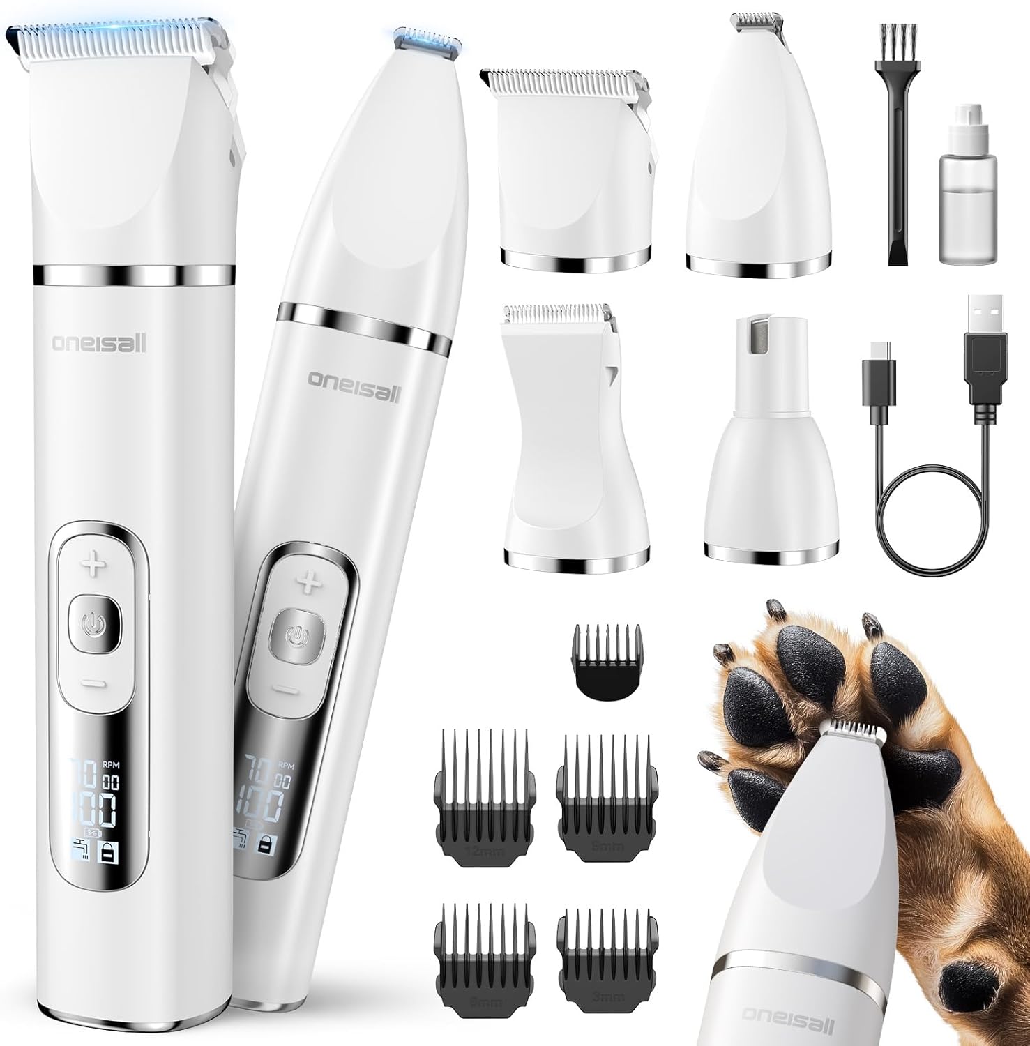 oneisall 4 in 1 White Dog Grooming Kit with LCD Display and Dog Grooming Clippers for Thick Heavy Coats
