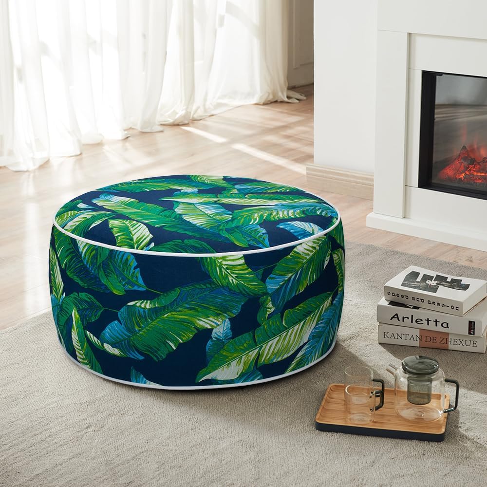 Magpie Fabrics Inflatable Stool Ottoman Pouf D20 xH9, Outdoor Round Footrest Footstool with Foot Pump, Portable for Patio Travel Camping - Green Lagoon Leaves