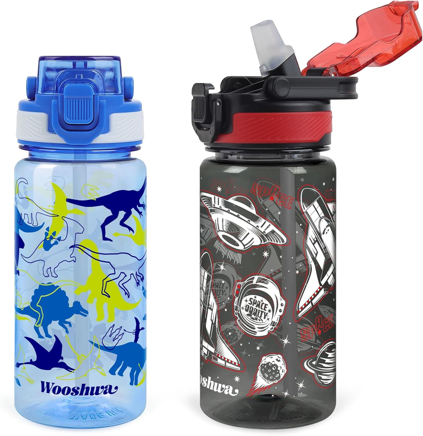 wooshwa Kids Water Bottle for School, 16 Oz Plastic Water Bottle with Silicone Spout and Pop-Up Cover, BPA Free & Dishwasher Safe (Dinosaur/Spacecraft)