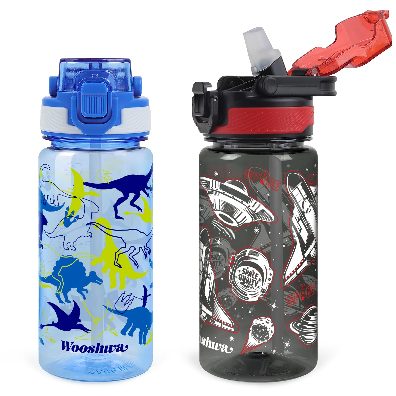wooshwa Kids Water Bottle for School, 16 Oz Plastic Water Bottle with Silicone Spout and Pop-Up Cover, BPA Free & Dishwasher Safe (Dinosaur/Spacecraft) — image 1