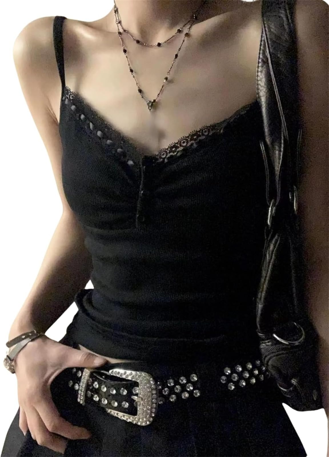 Llecdaseui Women's Black1 Emo Alt Goth Grunge Tank Tops, Y2k Spaghetti Strap Camisole Tops, Summer Gothic Clothes Backless Vest (S,)