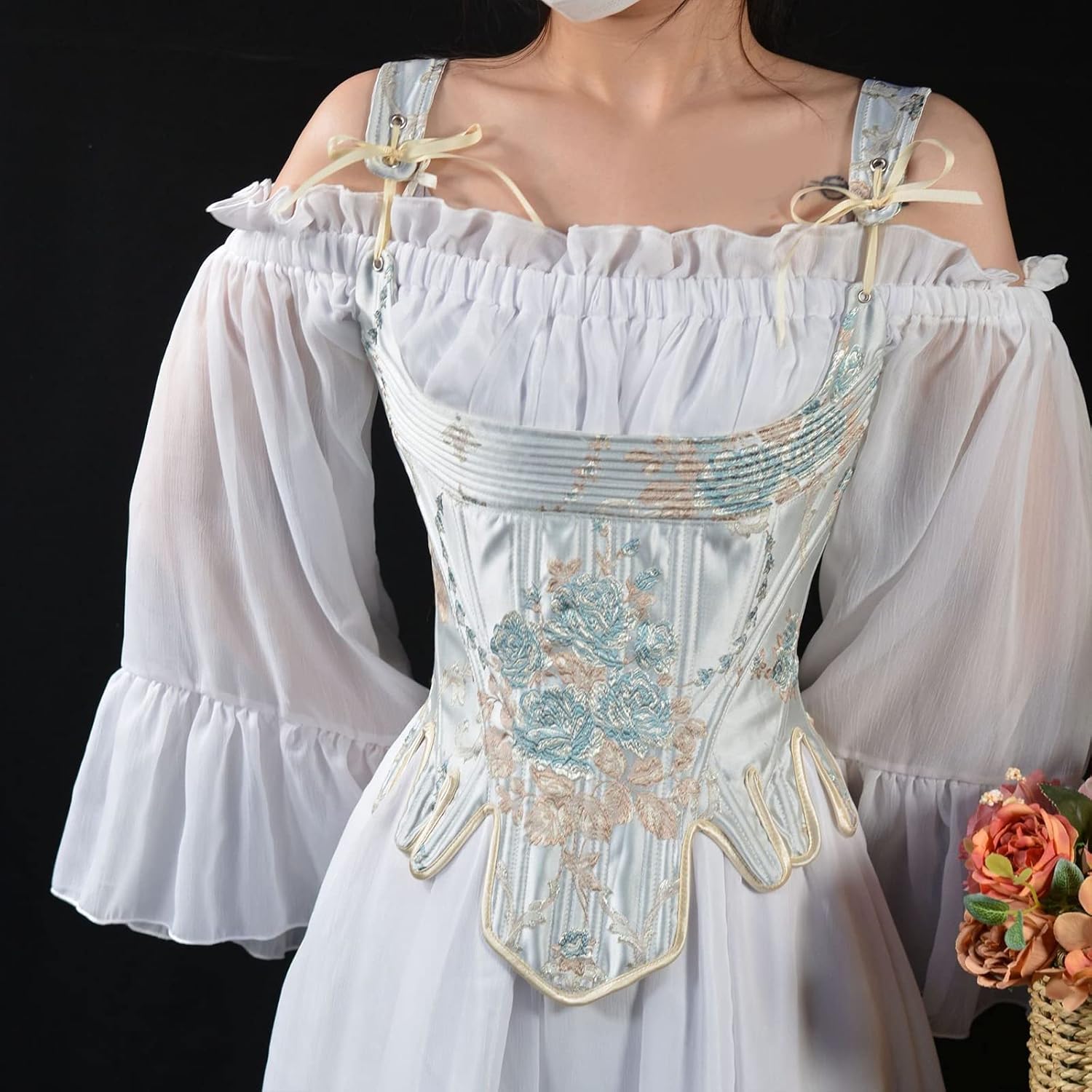 Women Underbust Corset With Adjustable Rope Flower Printing Decors Masquerade Party Crop Top Slimming Wrap Top Dress Boustier For Costume Dresses For Wedding Guest Waist Shaper