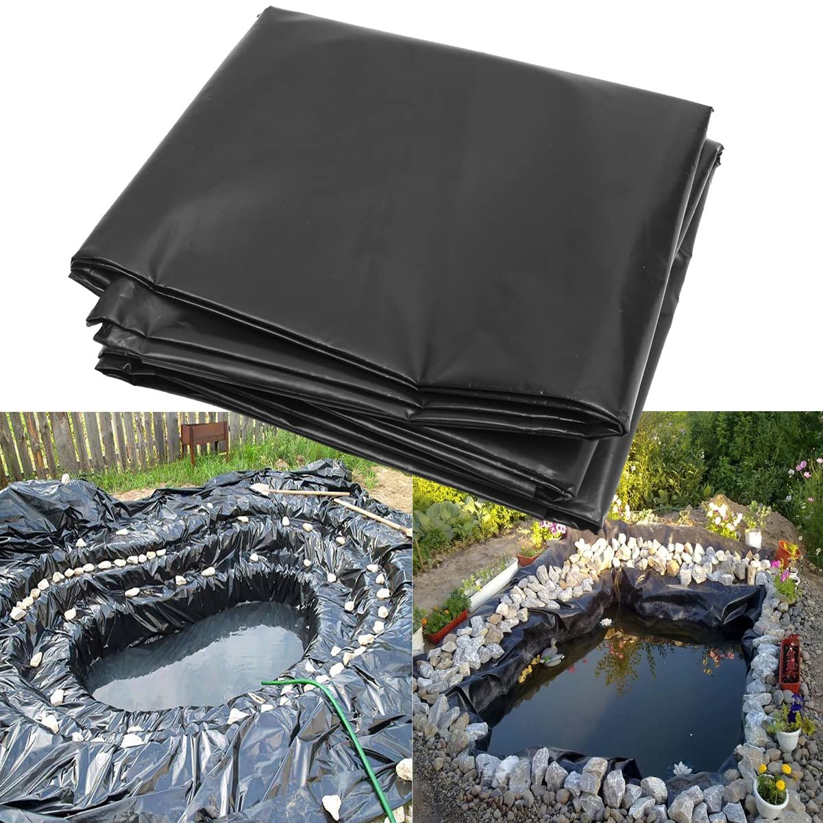 Revestimiento de goma de cuero negro de 4 x 8 m, refuerzo impermeable para jardines, estanques y fuentes, base incluida