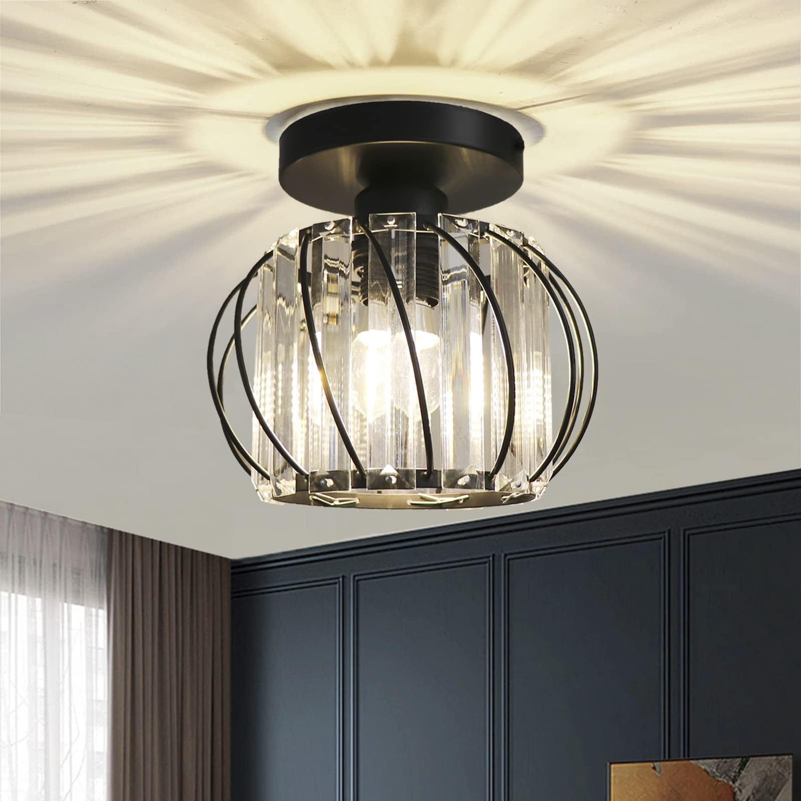 Chandelier Crystals Ceiling Lighting Fixtures, Small LED Flush Mount Ceiling Light for Kitchen Hallway Dining Rooms Living Rooms Bar (Black)