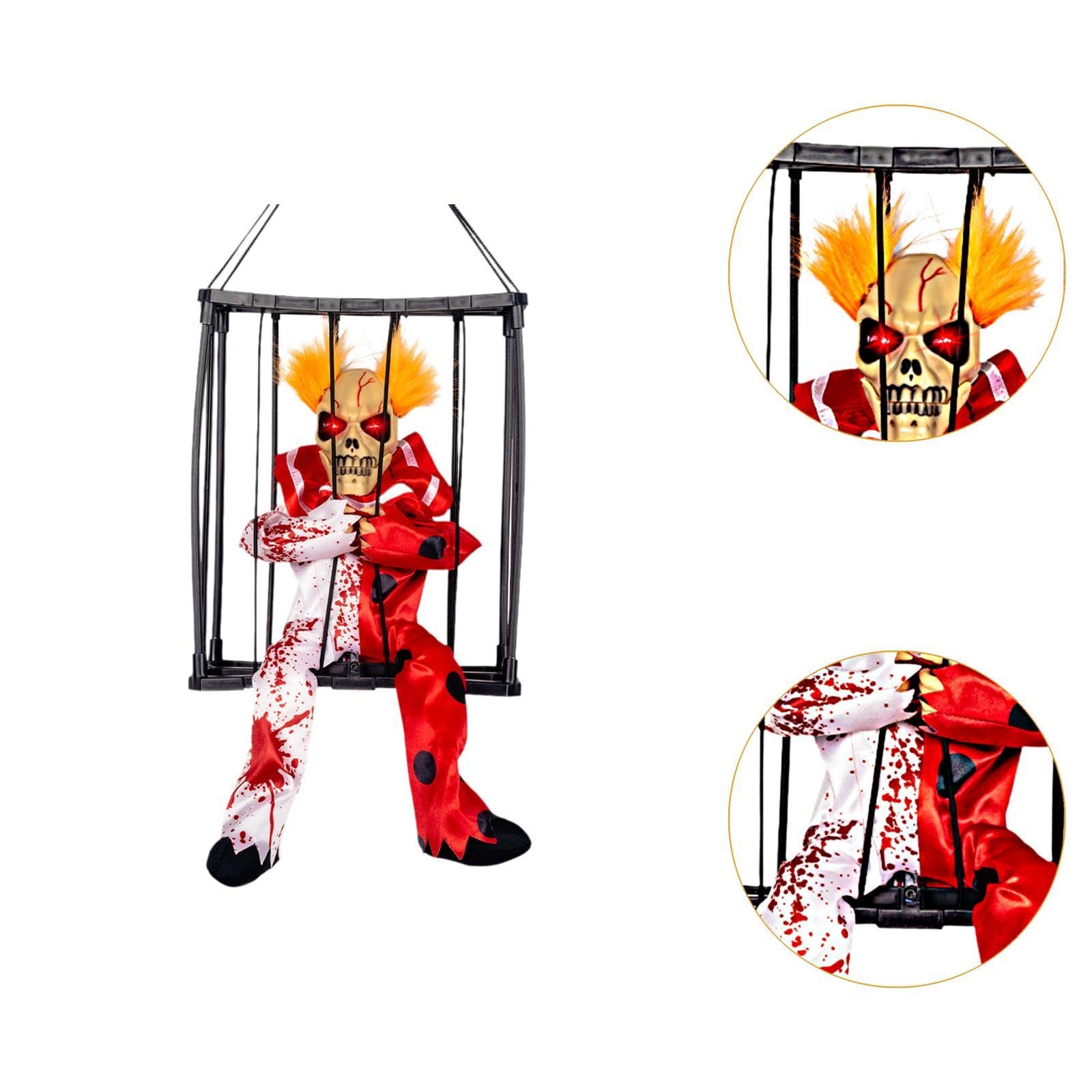 Halloween Hängehorrorfigur Skelett Gefangener Käfig mit Sprechender Dekoration Leuchtende Augen Schreifunktion Pp Material für Hausparty Gartendekorat, Rot-Weiss