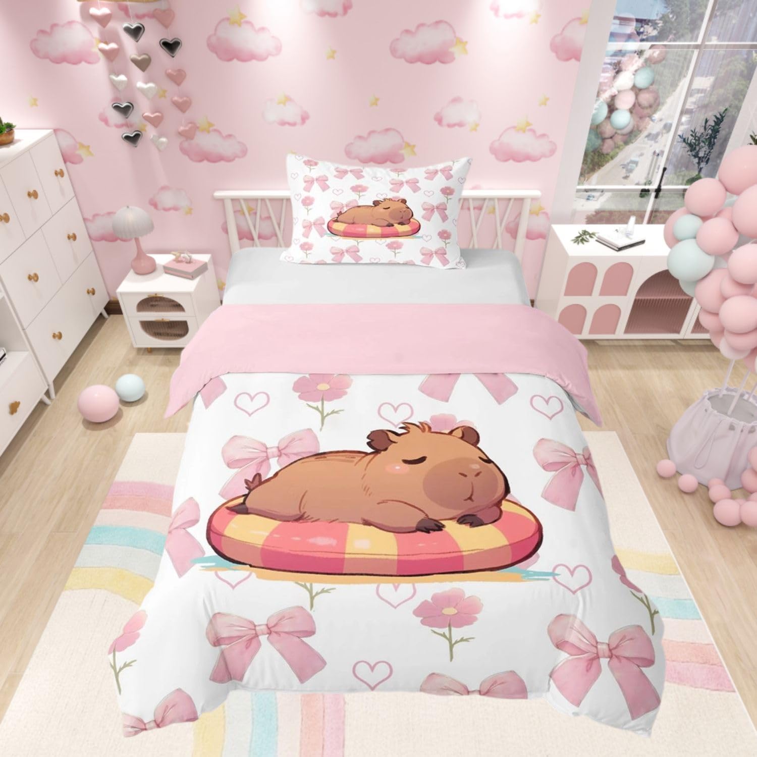 Homewish Girls Pink Bow Duvet Cover Set Cute Capybara Bedding Cot - Kawaii Capybara Animal Quilt Cover Princess Style for Kids Teens Bowknot Floral Bed Set with Pink Reverse - 1 Pillowcase