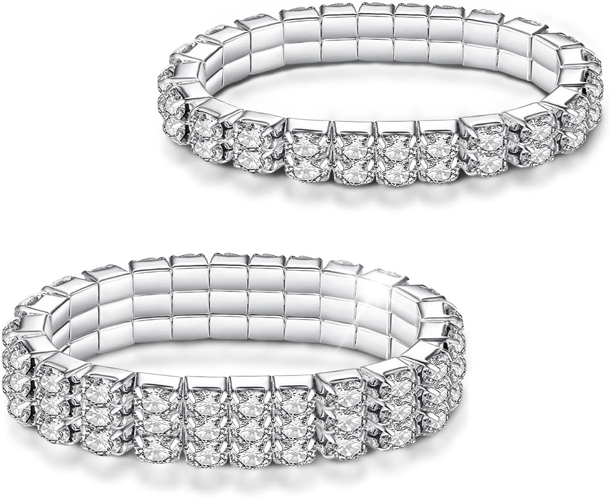 Kucheed Rhinestone Stretch Bracelets, Twinkle Diamond Tennis Bangle, Silver Crystal Sparkling Bridal Stackable Bracelet Jewelry, Bling Shining Wedding Party Elastic Band Bracelet for Women