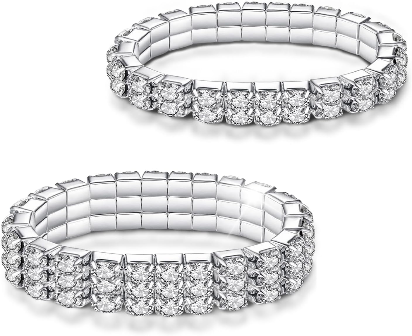 Kucheed Rhinestone Stretch Bracelets, Twinkle Diamond Tennis Bangle, Silver Crystal Sparkling Bridal Stackable Bracelet Jewelry, Bling Shining Wedding Party Elastic Band Bracelet for Women