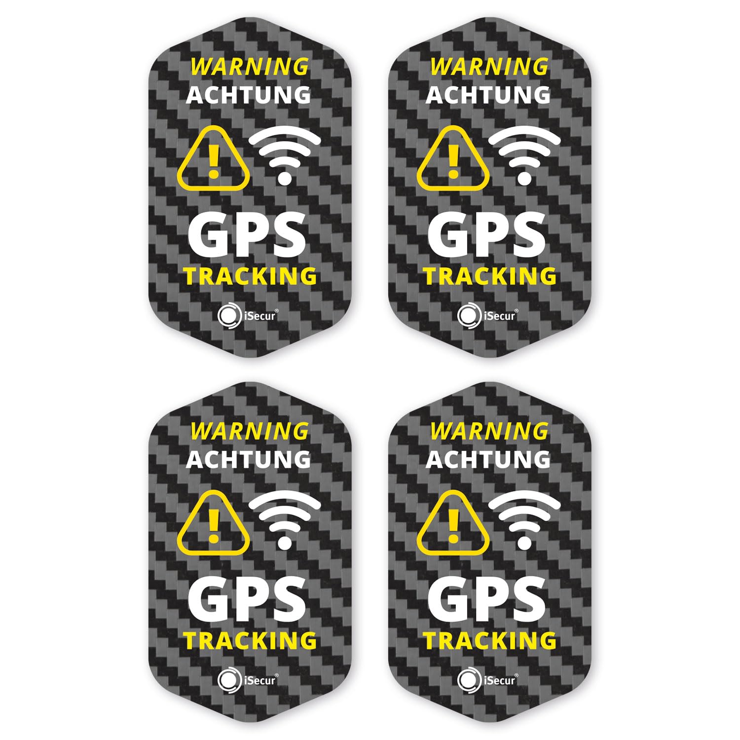 iSecur Set de 4 pegatinas de seguimiento GPS I 3 x 5 cm I Advertencia GPS-secured I a prueba de intemperie I aspecto carbono I hin833