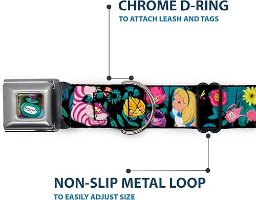 Miniatura 5 de Buckle-Down Collar de perro con hebilla de cinturón de seguridad Alice Cheshire Cat Flowers Poses negro, multicolor, 1 pulgada de ancho, se adapta a