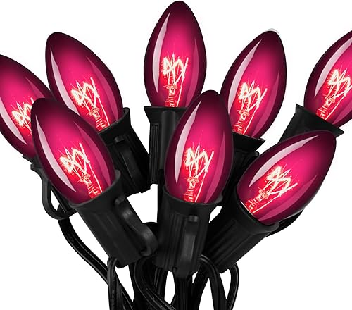 C7 - Tira de luces moradas de Navidad de 25 pies, luces colgantes conectables con 26 bombillas (1 repuesto) para Navidad, Halloween, fiesta de