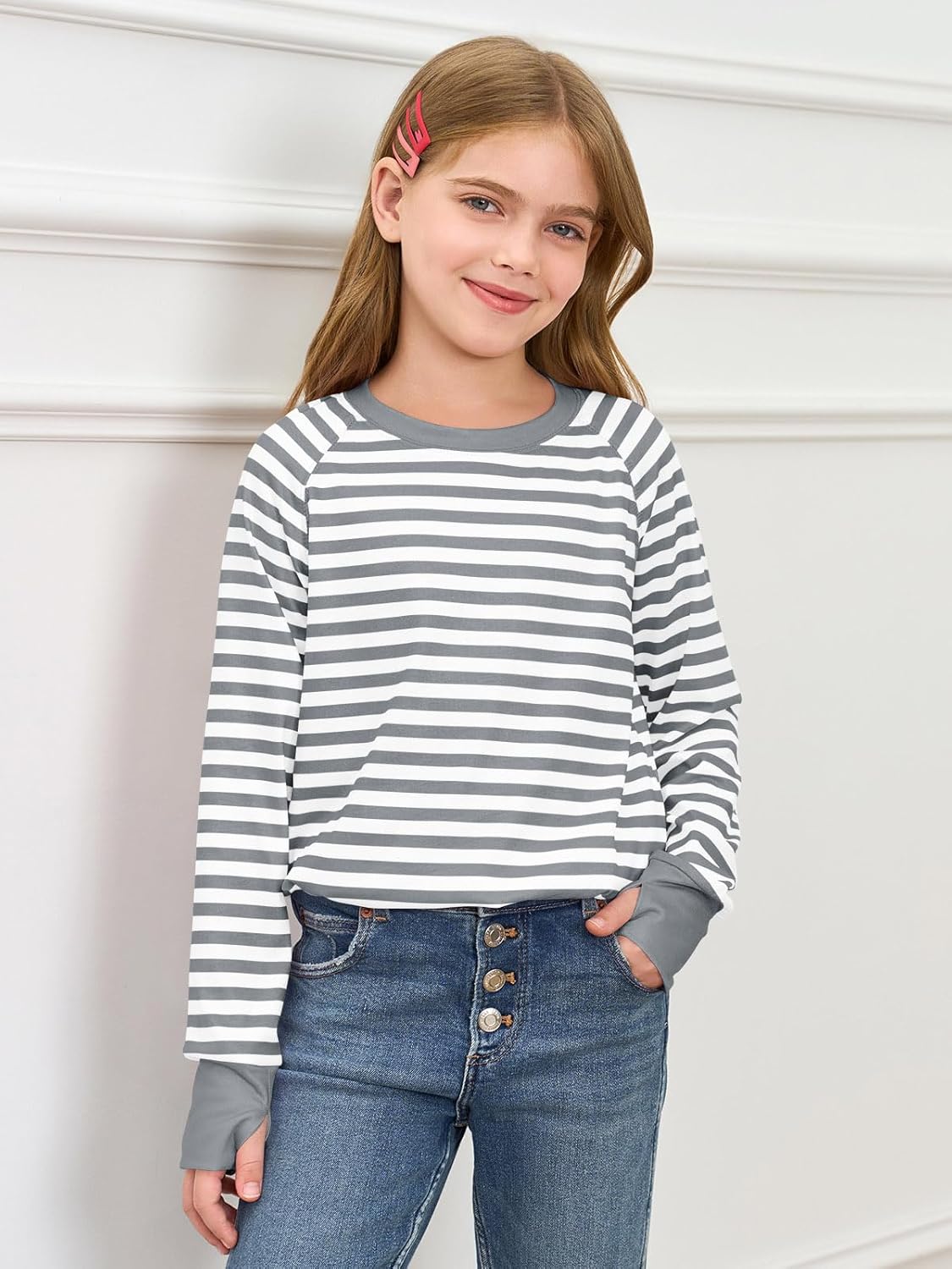 Haloumoning Girls Striped Thumb Hole Long Sleeve Shirts Kids Crewneck Tunic Tops Curved Hem Tees 5-14 Years - Image 2