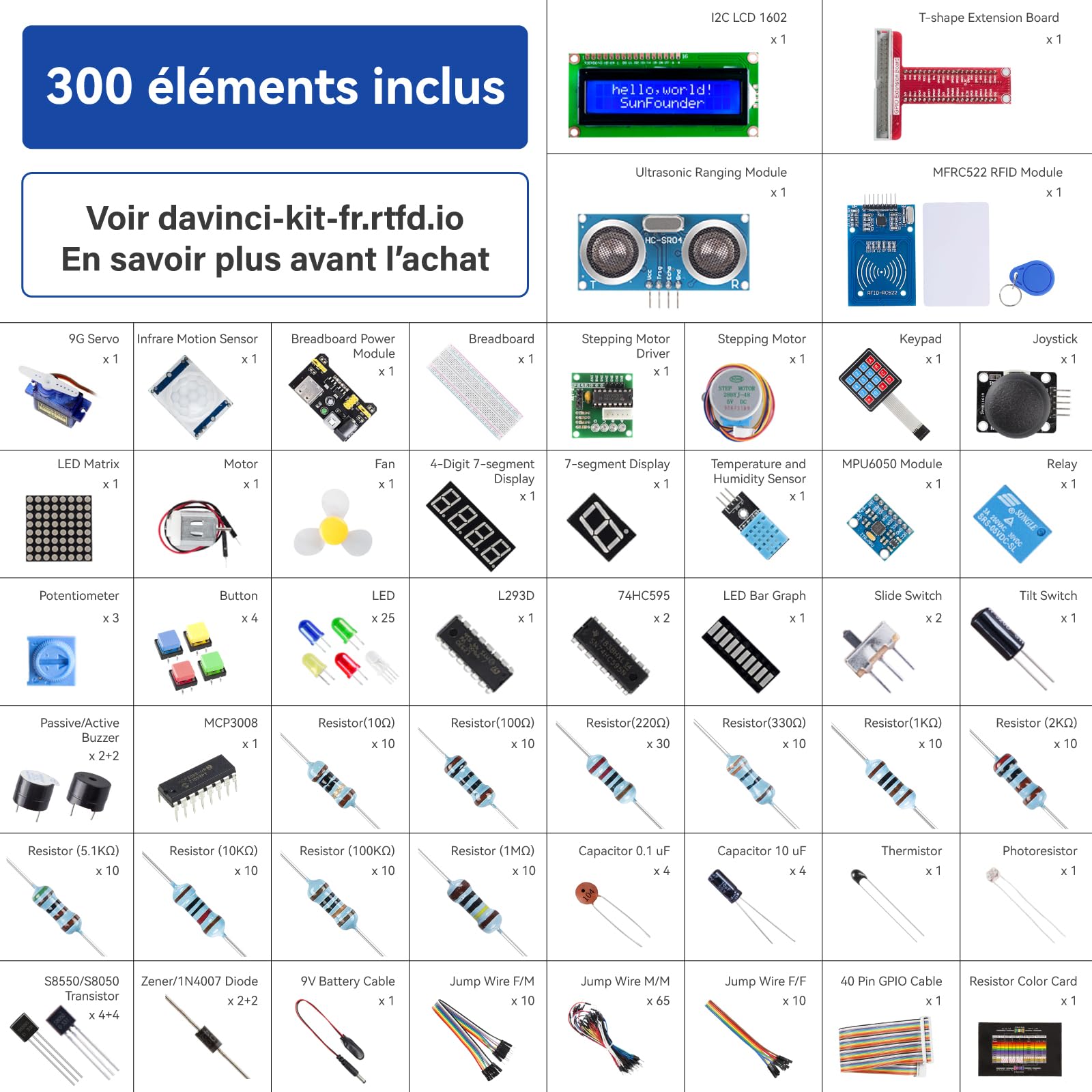 SunFounder Da Vinci Starter Kit pour Raspberry Pi 5 4B 3B B+ 400, Zero 2 W, Python C Java Scratch Node.js, Tutoriels en Ligne et Cours vidéo pour débutants et Experts (Raspberry PI Non Inclus)