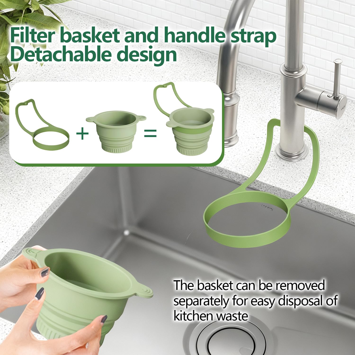Pieghevole Cestello di Scarico per Lavello da Cucina, Cestello Filtro per Lavandino in Silicone, Rimovibile da Appendere, per Filtrare i Residui di Cibo e Prevenire L'Intasamento del Lavello (Verde)