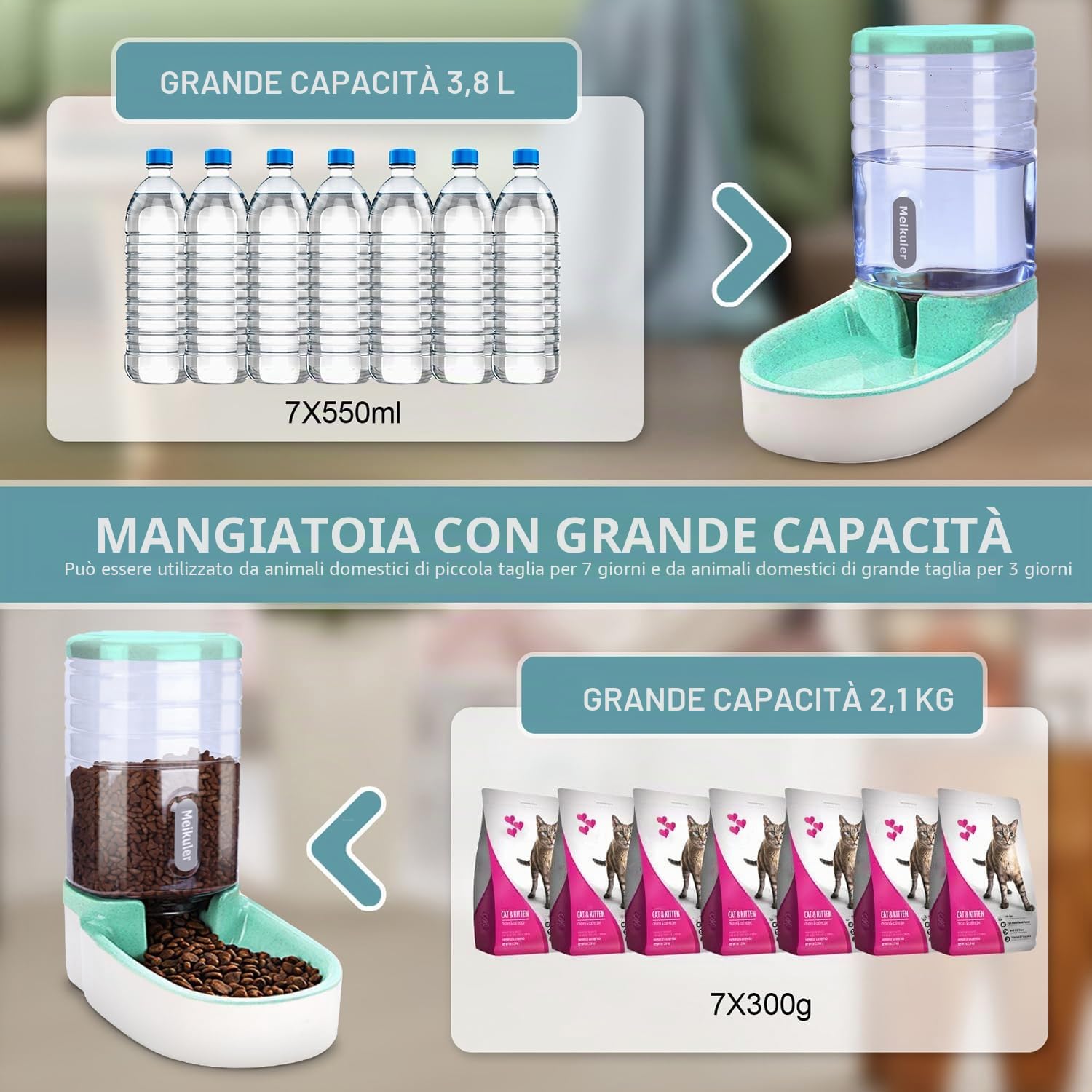 Alimentatore Automatico 3,8 L, Dispenser Acqua 3,8 L Mangiatoia Automatica Dispenser Cibo Secco Stazione di Alimentazione per Cani Gatti Animali Domestici (Verde)