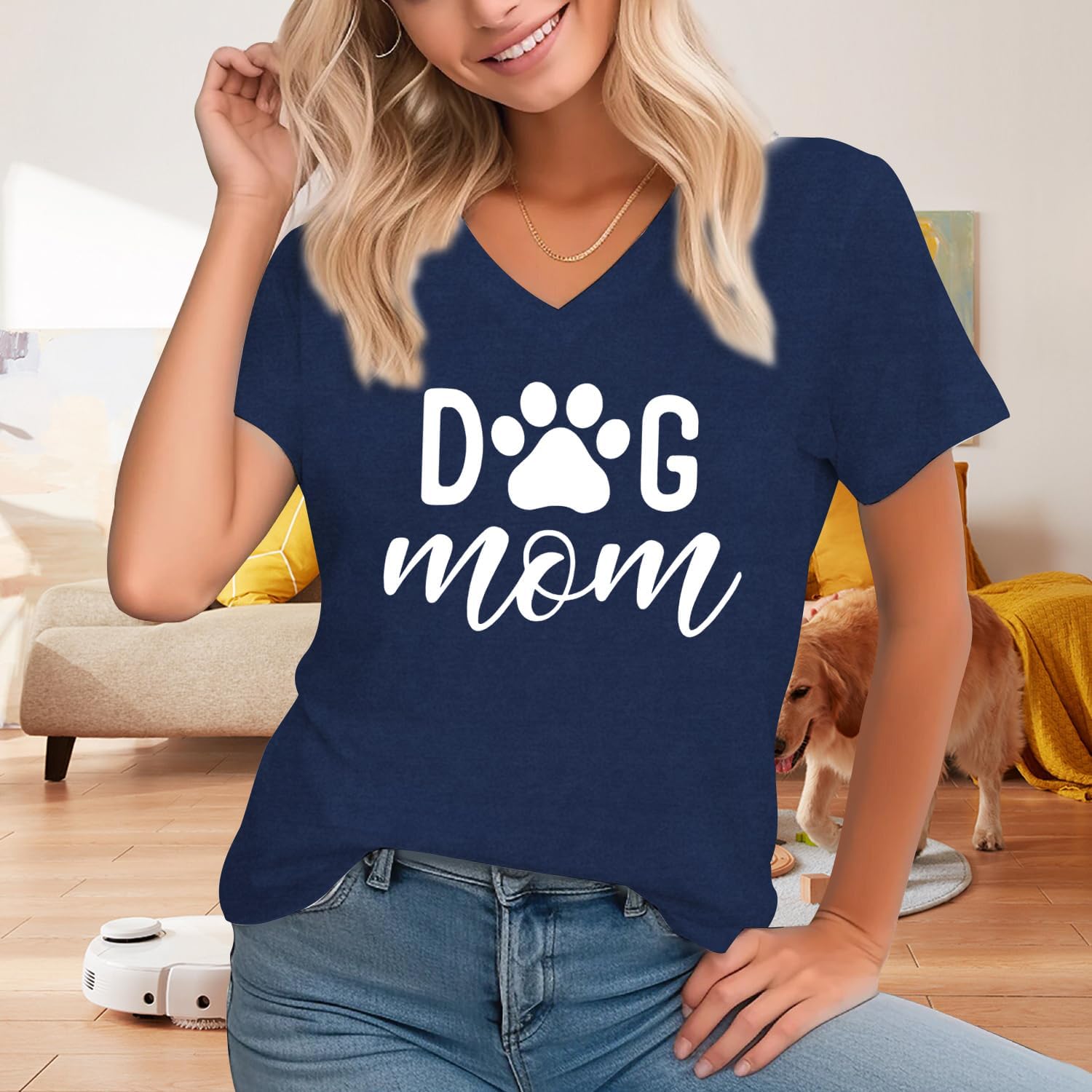 Dog Mom Shirts for Women Dog Paw Printed Mom T-Shirt V Neck Paw Lovers Tee Tops - Image 3