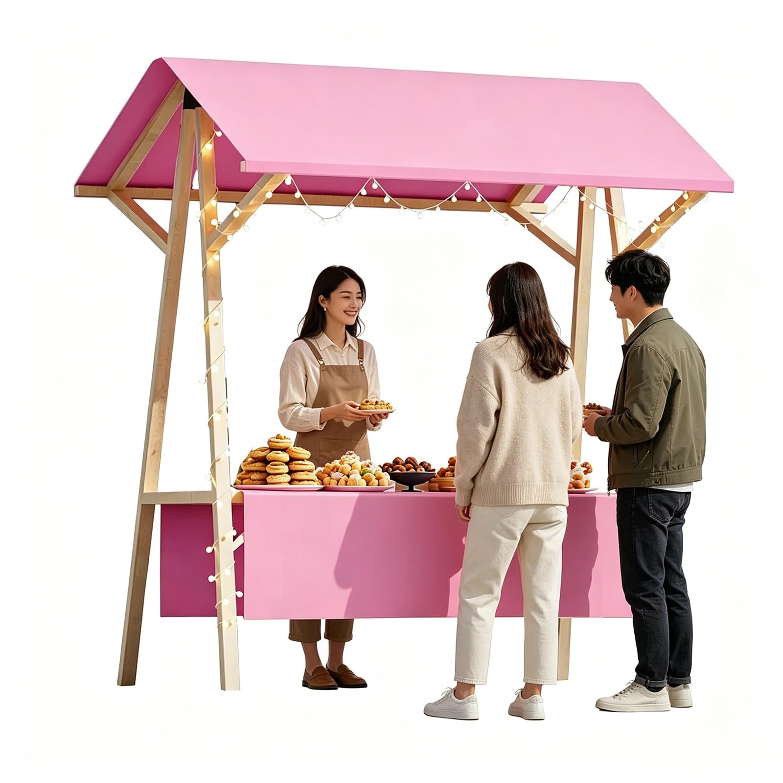 GMBAYUE Portable Food Cart with Canopy, Outdoor Foldable Vendor Cart, Wooden Farmers Market Stalls, Street Vendor Food Cart for Market & Events(Pink,59x24x79in/150x60x200cm)