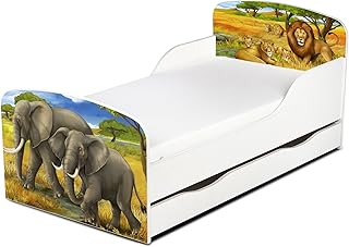 Leomark Letto per Bambini in Legno, cassetto e Materasso, Rete a doghe, mobili per Bambino, magnifiche Stampe, Dimensioni del Materasso 140 x 70 cm, Colore Bianco con Motivo: Africa Safari