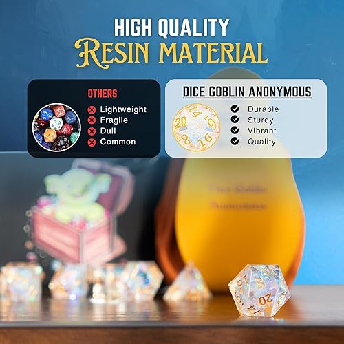 Miniatura 4 de Dice Goblin Anonymous DND - Juego de 7 dados poliédricos de resina de borde afilado para Calabozos y Dragones con bolsa de dados  bandeja y